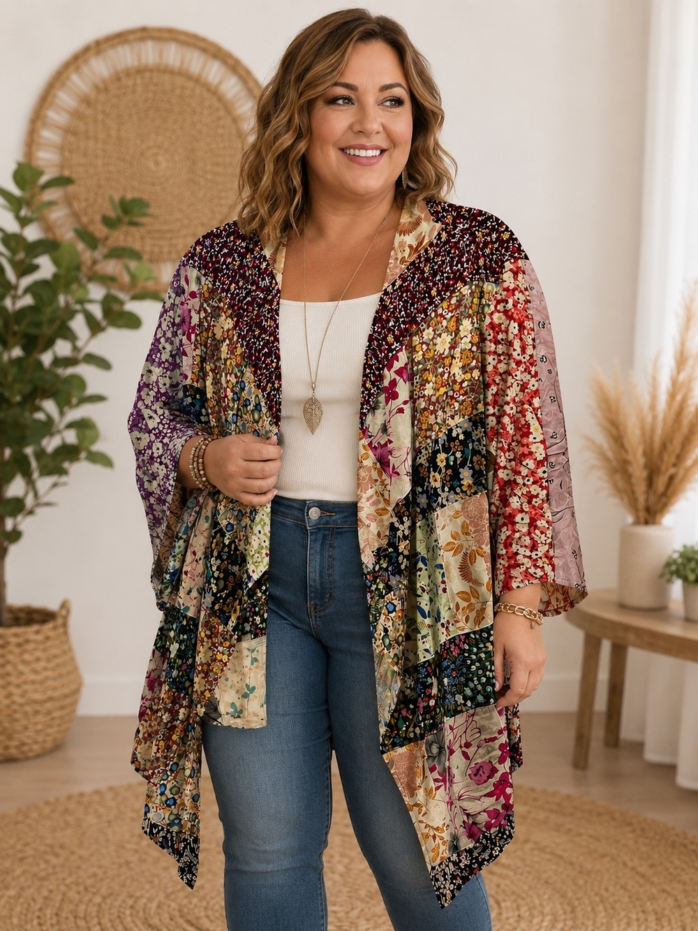 2 Multicolor Floral Patchwork Kimono Cardigan - Boho Layering